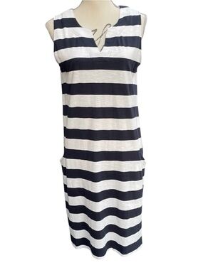 FOIL Navy/White Cotton Bold Stripe V-Neck Sleeveless Pocket Shift Dress (S)